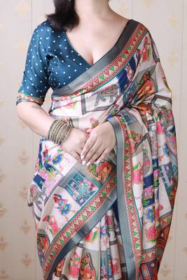 Teal blue printed tussar silk printed saree with blouse 5