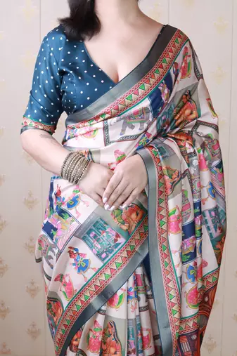 Teal blue printed tussar silk printed saree with blouse