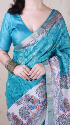 Sky blue printed tussar silk printed saree with blouse 5