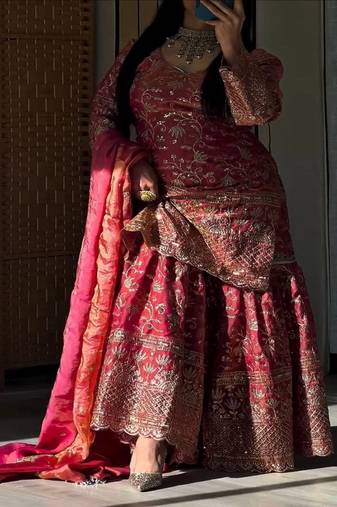 Orange  fandy crushi silk  party wear embroidery sharara suit set