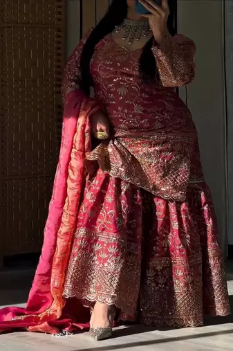 Orange  fandy crushi silk  party wear embroidery sharara suit set