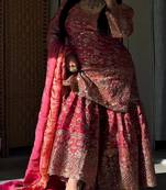 Orange  fandy crushi silk  party wear embroidery sharara suit set