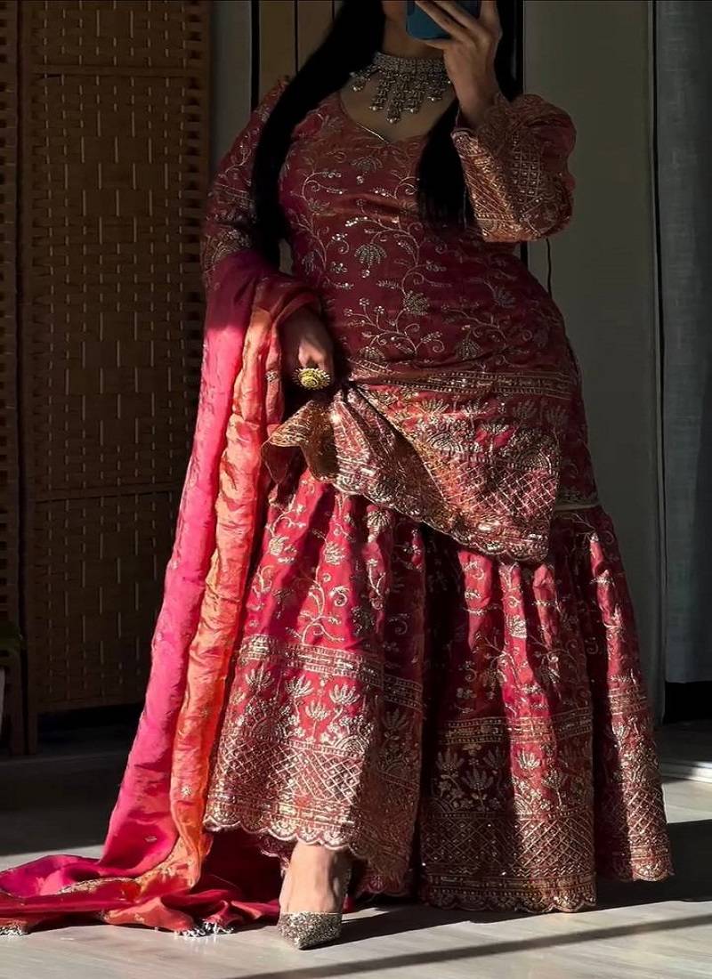 Orange  fandy crushi silk  party wear embroidery sharara suit set