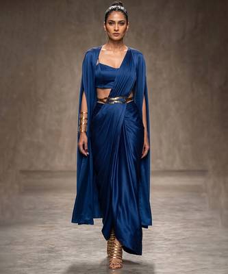 Blue modal satin draped saree set 1