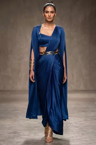 Blue modal satin draped saree set