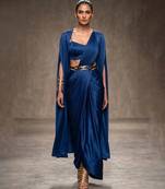 Blue modal satin draped saree set