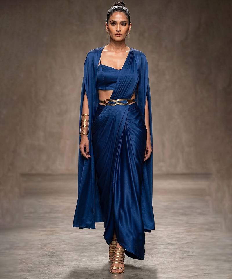Blue modal satin draped saree set