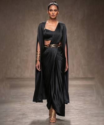 Black modal satin draped saree set 1