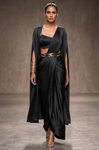 Black modal satin draped saree set