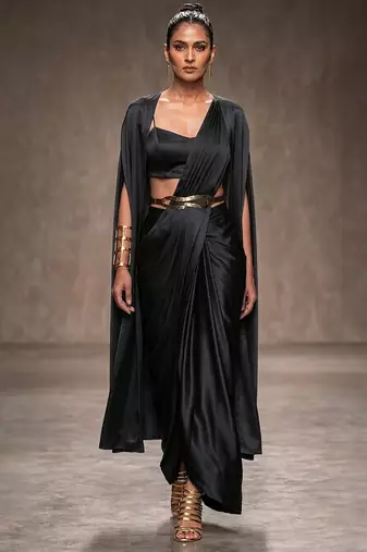 Black modal satin draped saree set
