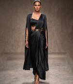 Black modal satin draped saree set