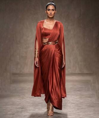 Rust orange modal satin draped saree set 1
