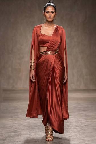 Rust orange modal satin draped saree set