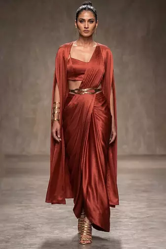 Rust orange modal satin draped saree set