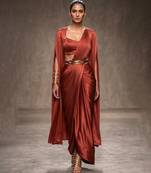 Rust orange modal satin draped saree set