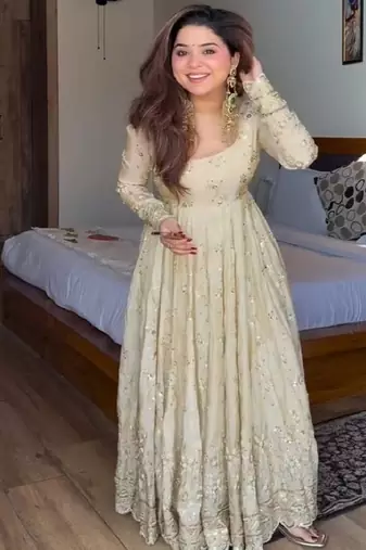 Cream chinon silk  party wear embroidery anarkali  suit set