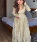 Cream chinon silk  party wear embroidery anarkali  suit set