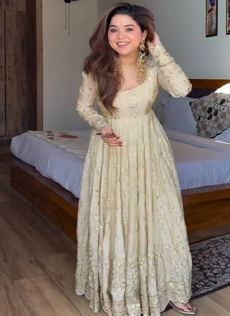 Cream chinon silk  party wear embroidery anarkali  suit set