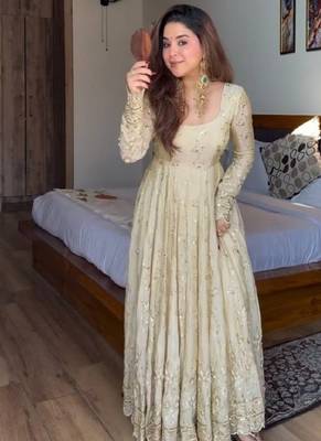 Cream chinon silk  party wear embroidery anarkali  suit set 2