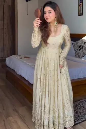 Cream chinon silk  party wear embroidery anarkali  suit set