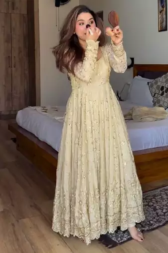 Cream chinon silk  party wear embroidery anarkali  suit set