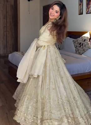 Cream chinon silk  party wear embroidery anarkali  suit set 4