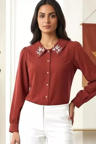 maroon embroidered collar button-down shirt