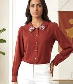 maroon embroidered collar button-down shirt