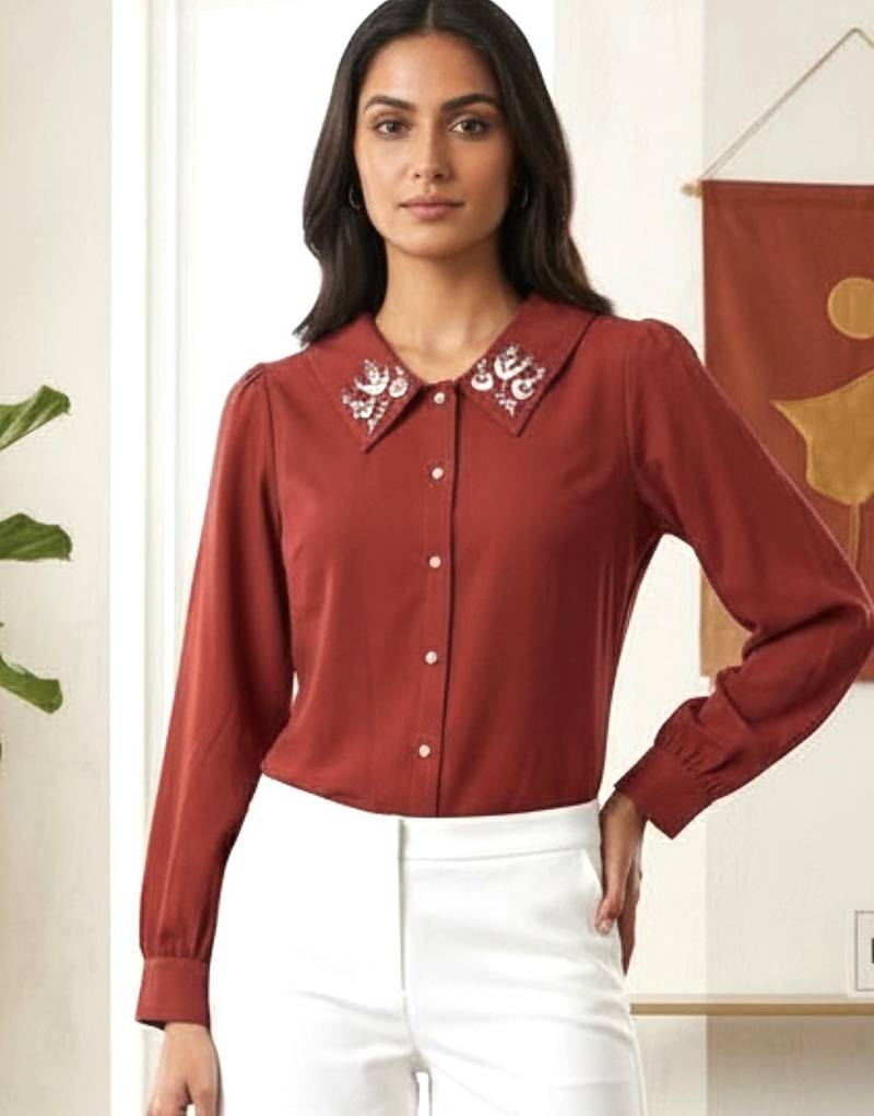 maroon embroidered collar button-down shirt