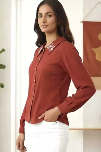 maroon embroidered collar button-down shirt