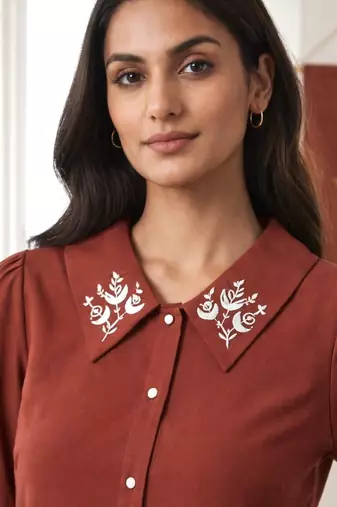 maroon embroidered collar button-down shirt