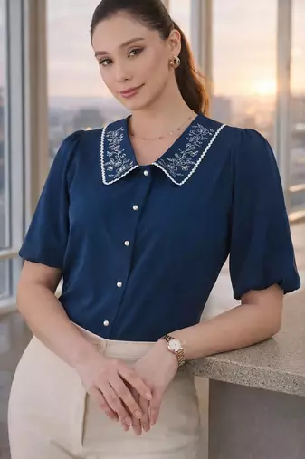 blue embroidered collar puff sleeve button-down top