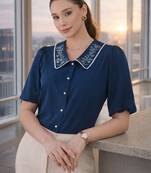 blue embroidered collar puff sleeve button-down top