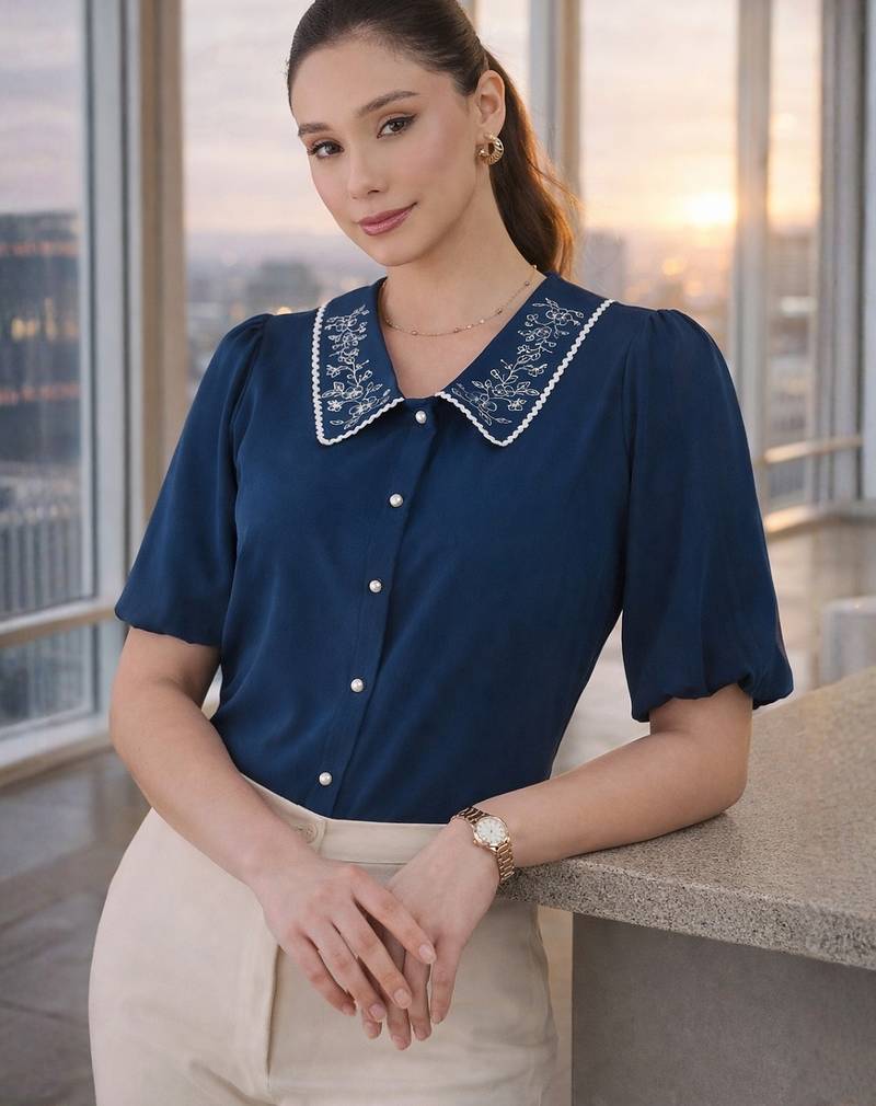 blue embroidered collar puff sleeve button-down top