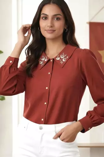 maroon embroidered collar button-down shirt