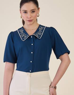 blue embroidered collar puff sleeve button-down top 2