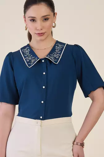 blue embroidered collar puff sleeve button-down top