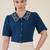 blue embroidered collar puff sleeve button-down top