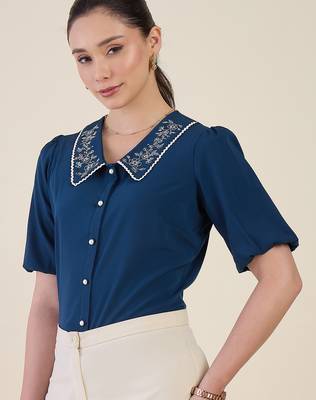 blue embroidered collar puff sleeve button-down top 3