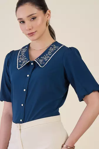 blue embroidered collar puff sleeve button-down top