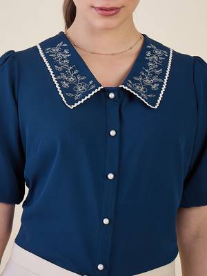 blue embroidered collar puff sleeve button-down top 4