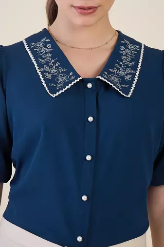 blue embroidered collar puff sleeve button-down top