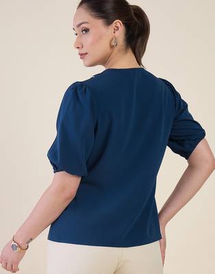 blue embroidered collar puff sleeve button-down top 5