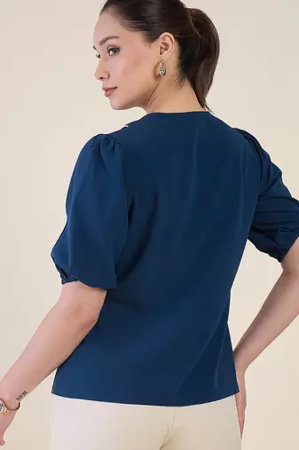 blue embroidered collar puff sleeve button-down top