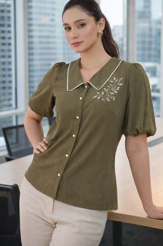 olive green embroidered puff sleeve button-down shirt