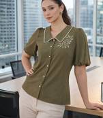 olive green embroidered puff sleeve button-down shirt