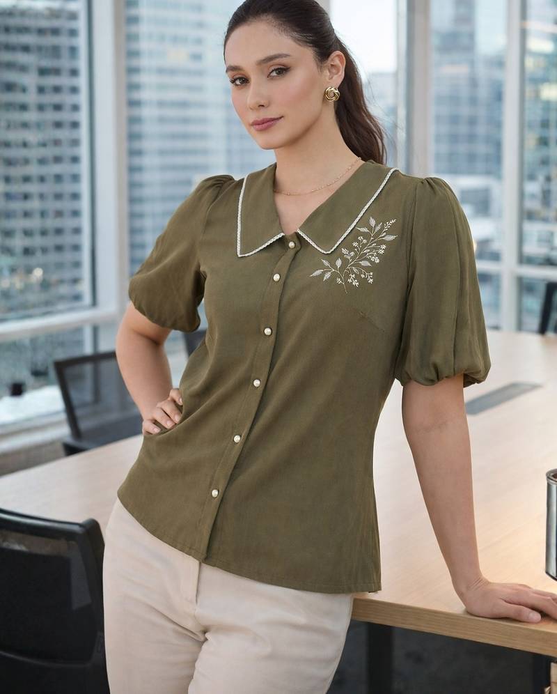 olive green embroidered puff sleeve button-down shirt