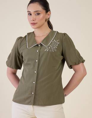 olive green embroidered puff sleeve button-down shirt 2