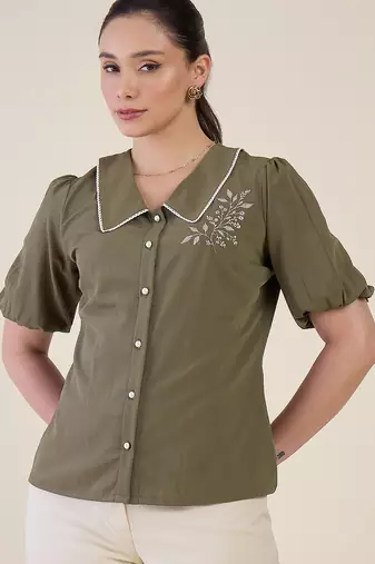 olive green embroidered puff sleeve button-down shirt