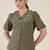 olive green embroidered puff sleeve button-down shirt